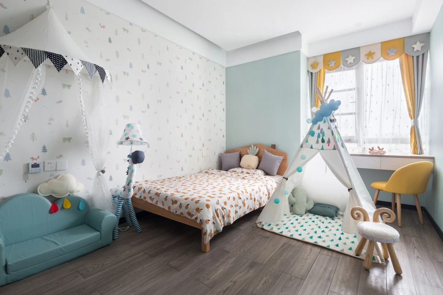 兒童房衣柜書桌一體效果圖