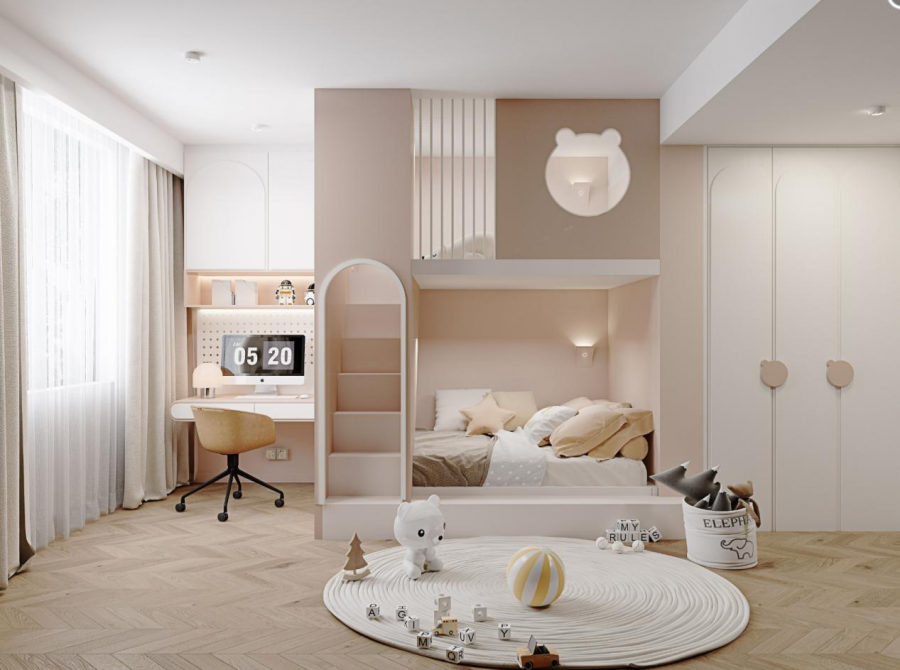 兒童房衣柜書桌一體效果圖